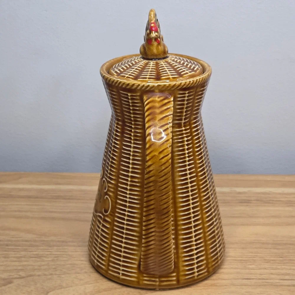 Vintage 1950s Rooster Coffee Tea‎ Pot Basket Weave Wicker Japan Brown Ceramic